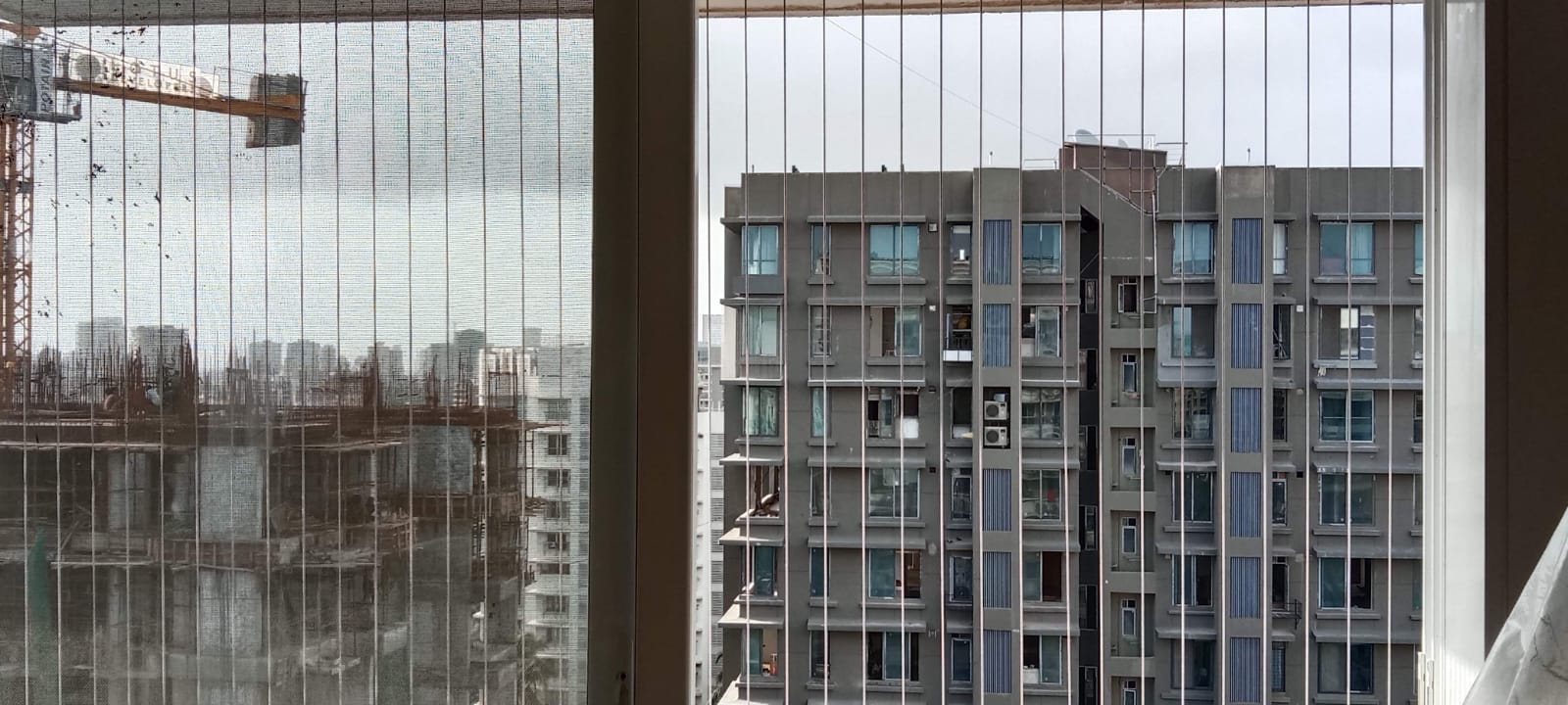 Invisible grill and bird netting installed side by side on a high-rise window